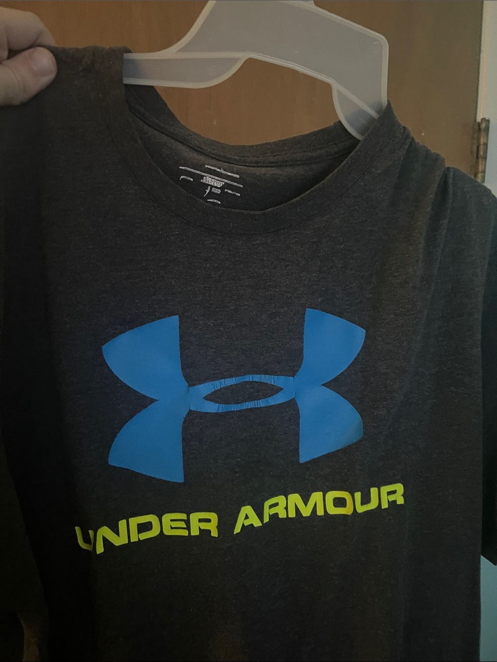 Under Armour Charcoal Tee with Blue Logo and Neon Yellow Text